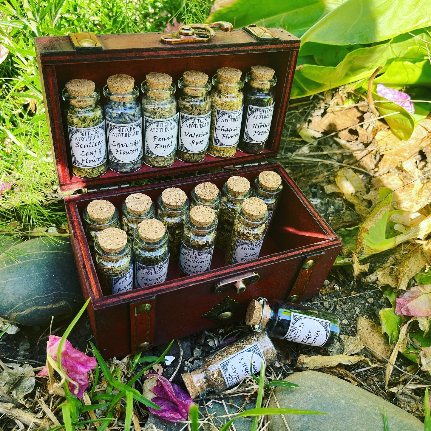 Witchcraft Apothecary w/ Mortar and Pestle ~ Herbs Glass Bottles ~ Book of Shadows Journal ~ Wiccan Pagan Altar Supplies for Potion Making