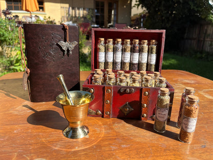 Witchcraft Apothecary w/ Mortar and Pestle ~ Herbs Glass Bottles ~ Book of Shadows Journal ~ Wiccan Pagan Altar Supplies for Potion Making