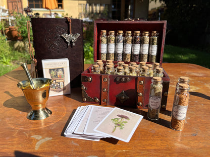 Witchcraft Apothecary w/ Mortar and Pestle ~ Herbs Glass Bottles ~ Book of Shadows Journal ~ Wiccan Pagan Altar Supplies for Potion Making