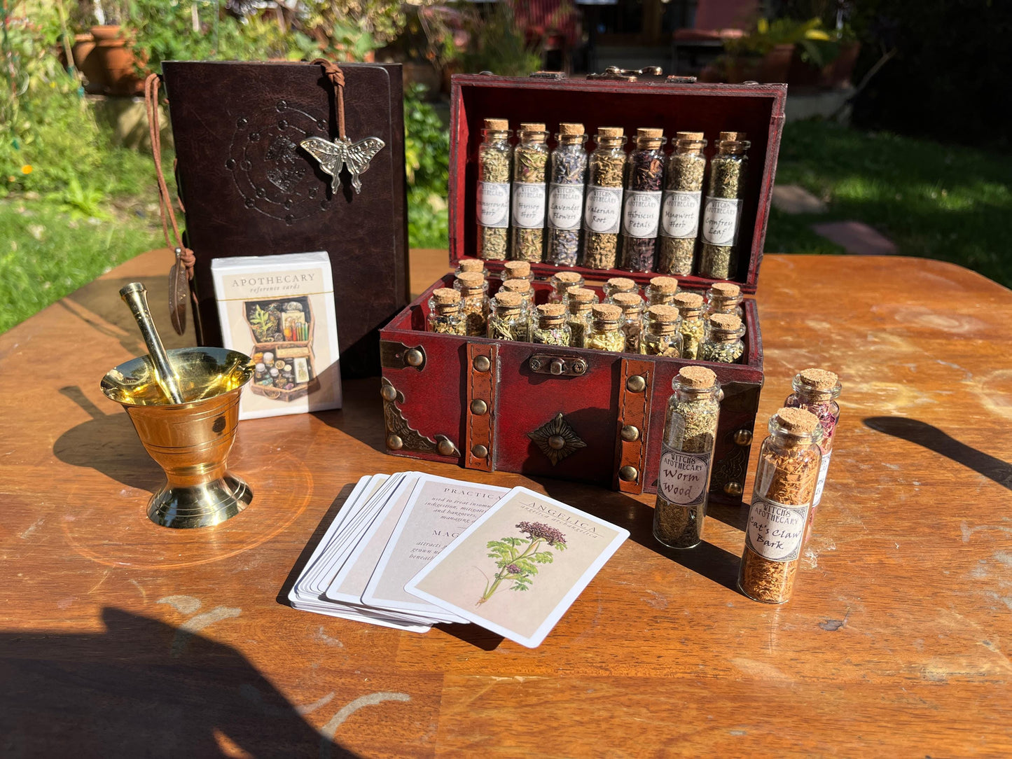 Witchcraft Apothecary w/ Mortar and Pestle ~ Herbs Glass Bottles ~ Book of Shadows Journal ~ Wiccan Pagan Altar Supplies for Potion Making