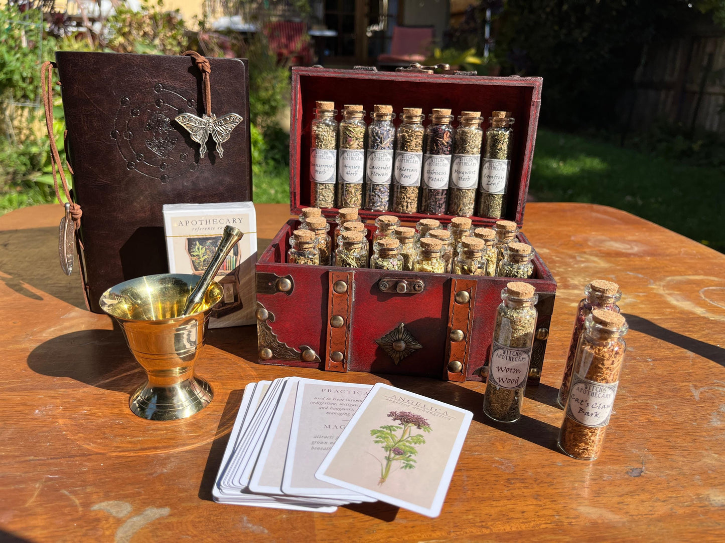 Witchcraft Apothecary w/ Mortar and Pestle ~ Herbs Glass Bottles ~ Book of Shadows Journal ~ Wiccan Pagan Altar Supplies for Potion Making