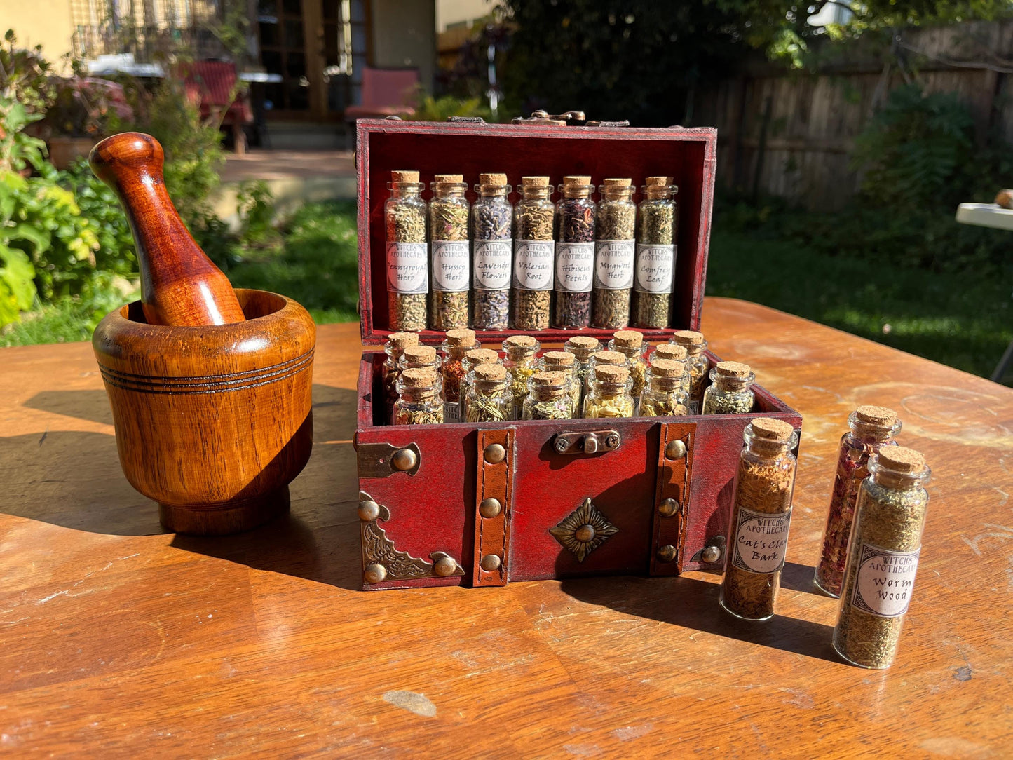 Witchcraft Apothecary w/ Mortar and Pestle ~ Herbs Glass Bottles ~ Book of Shadows Journal ~ Wiccan Pagan Altar Supplies for Potion Making