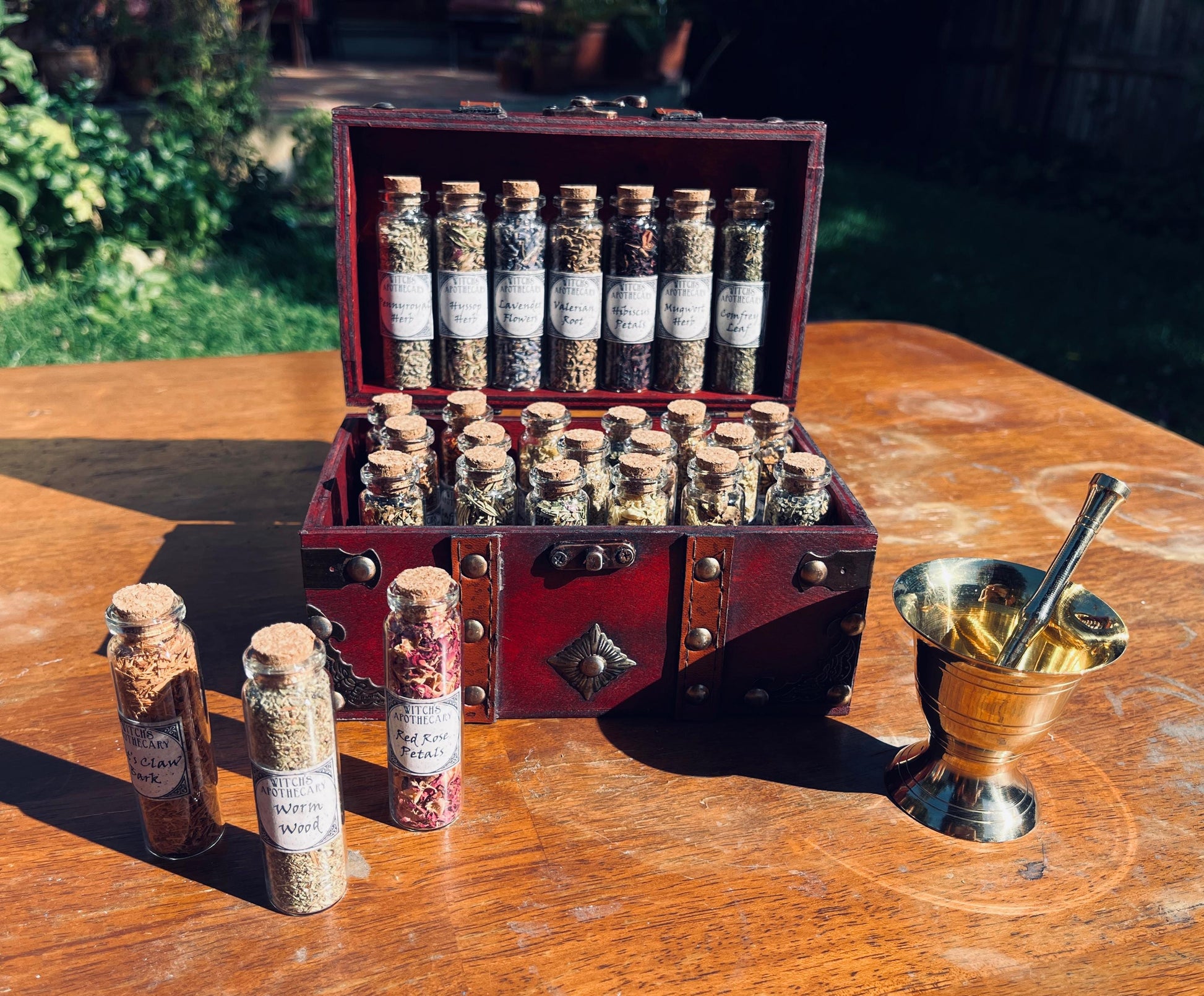 Witchcraft Apothecary w/ Mortar and Pestle ~ Herbs Glass Bottles ~ Book of Shadows Journal ~ Wiccan Pagan Altar Supplies for Potion Making