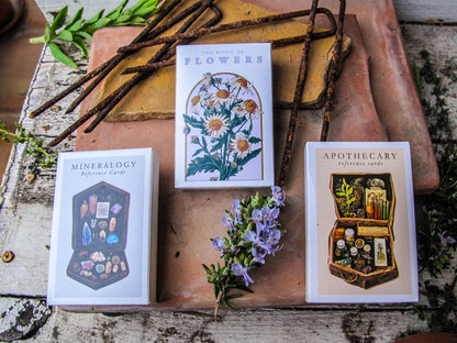 Witchcraft Cards~Set of 4 ~ Apothecary Crystal Flowers Cards Herbs ~ Index Reference Flash Cards ~ Wiccan Supplies ~ Mineralogy Oracle Deck