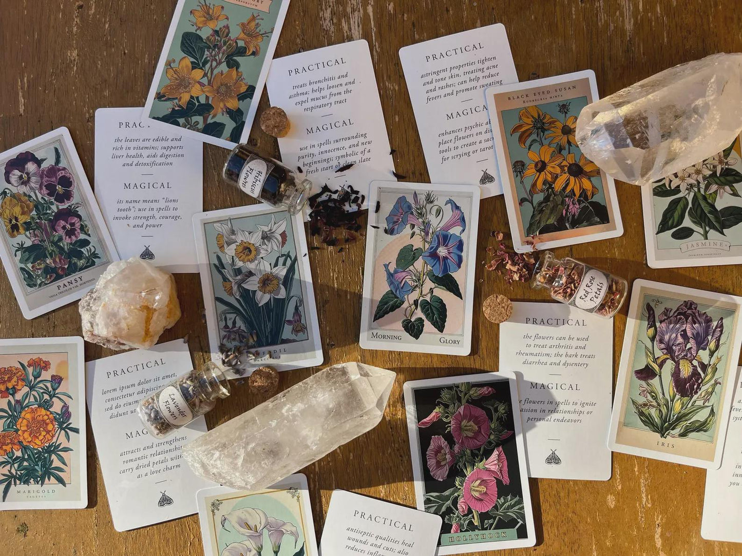 Witchcraft Cards~Set of 4 ~ Apothecary Crystal Flowers Cards Herbs ~ Index Reference Flash Cards ~ Wiccan Supplies ~ Mineralogy Oracle Deck