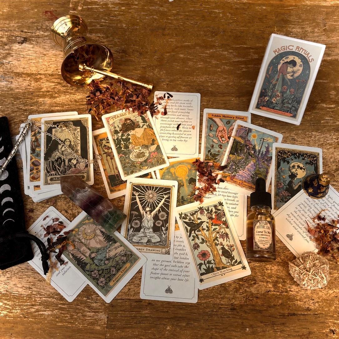 Witchcraft Cards~Set of 4 ~ Apothecary Crystal Flowers Cards Herbs ~ Index Reference Flash Cards ~ Wiccan Supplies ~ Mineralogy Oracle Deck